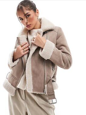 Stradivarius borg lined belted biker aviator jacket BEIGE/TAN, CREAM lining